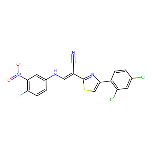 (E)-2-(4-(2,4-dichlorophenyl)thiazol-2-yl)-3-((4-fluoro-3-nitrophenyl)amino)acrylonitrile structure