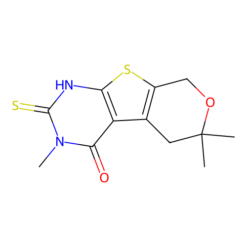 2-mercapto-3,6,6-trimethyl-5,6-dihydro-3H-pyrano[4',3':4,5]thieno[2,3-d]pyrimidin-4(8H)-one structure
