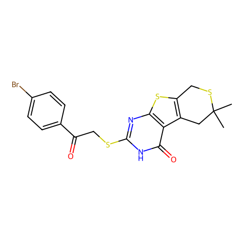 2-((2-(4-bromophenyl)-2-oxoethyl)thio)-6,6-dimethyl-5,6-dihydro-3H-thiopyrano[4',3':4,5]thieno[2,3-d]pyrimidin-4(8H)-one structure