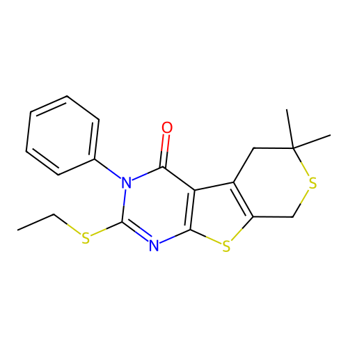 2-(ethylsulfanyl)-6,6-dimethyl-3-phenyl-3,5,6,8-tetrahydro-4H-thiopyrano[4',3':4,5]thieno[2,3-d]pyrimidin-4-one structure