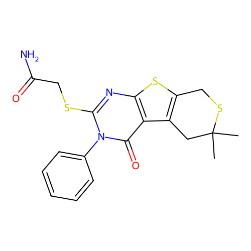 2-((6,6-dimethyl-4-oxo-3-phenyl-4,5,6,8-tetrahydro-3H-thiopyrano[4',3':4,5]thieno[2,3-d]pyrimidin-2-yl)thio)acetamide structure