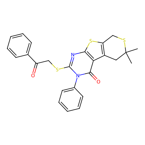 6,6-dimethyl-2-((2-oxo-2-phenylethyl)thio)-3-phenyl-5,6-dihydro-3H-thiopyrano[4',3':4,5]thieno[2,3-d]pyrimidin-4(8H)-one structure