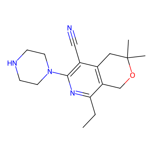 8-ethyl-3,3-dimethyl-6-(piperazin-1-yl)-3,4-dihydro-1H-pyrano[3,4-c]pyridine-5-carbonitrile structure