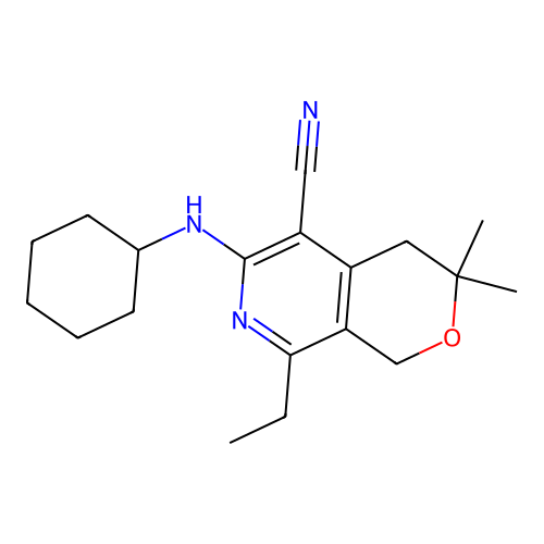 6-(cyclohexylamino)-8-ethyl-3,3-dimethyl-3,4-dihydro-1H-pyrano[3,4-c]pyridine-5-carbonitrile structure