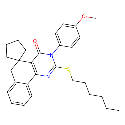 2-(hexylthio)-3-(4-methoxyphenyl)-3H-spiro[benzo[h]quinazoline-5,1'-cyclopentan]-4(6H)-one structure