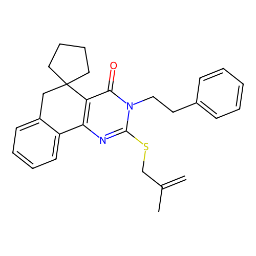 2-((2-methylallyl)thio)-3-phenethyl-3H-spiro[benzo[h]quinazoline-5,1'-cyclopentan]-4(6H)-one structure