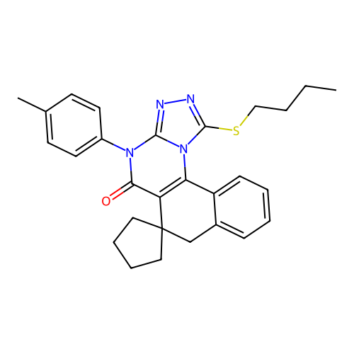 1-(butylsulfanyl)-4-(4-methylphenyl)-4H-spiro[benzo[h][1,2,4]triazolo[4,3-a]quinazoline-6,1'-cyclopentan]-5(7H)-one structure
