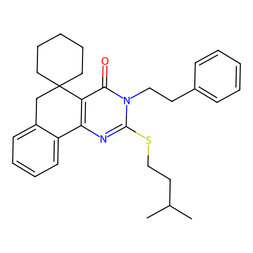 2-(3-methylbutylsulfanyl)-3-phenethylspiro[6H-benzo[h]quinazoline-5,1'-cyclohexane]-4-one structure