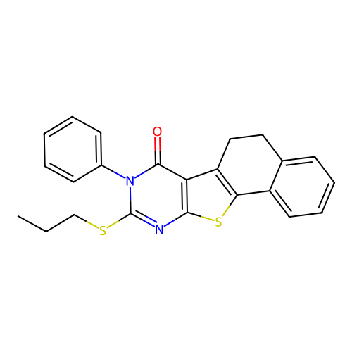 8-phenyl-9-(propylthio)-5,6-dihydronaphtho[2',1':4,5]thieno[2,3-d]pyrimidin-7(8H)-one structure