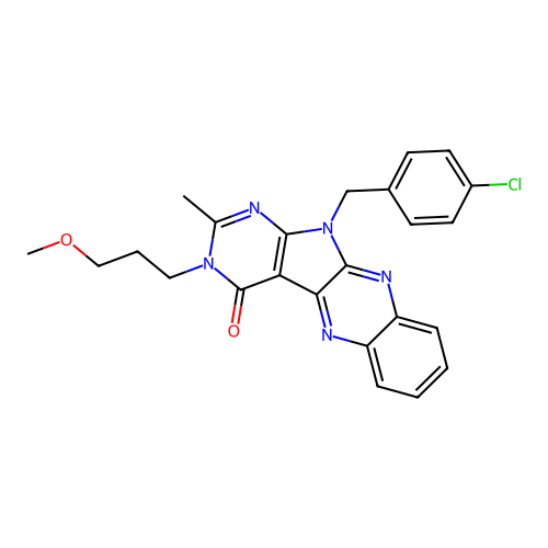 11-(4-chlorobenzyl)-3-(3-methoxypropyl)-2-methyl-3,11-dihydro-4H-pyrimido[5',4':4,5]pyrrolo[2,3-b]quinoxalin-4-one structure