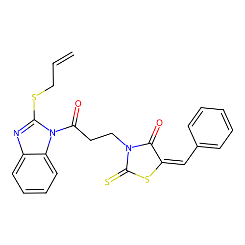 (5E)-5-benzylidene-3-[3-oxo-3-(2-prop-2-enylsulfanylbenzimidazol-1-yl)propyl]-2-sulfanylidene-1,3-thiazolidin-4-one structure