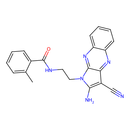 N-(2-(2-amino-3-cyano-1H-pyrrolo[2,3-b]quinoxalin-1-yl)ethyl)-2-methylbenzamide structure