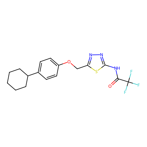 N-(5-((4-cyclohexylphenoxy)methyl)-1,3,4-thiadiazol-2-yl)-2,2,2-trifluoroacetamide structure