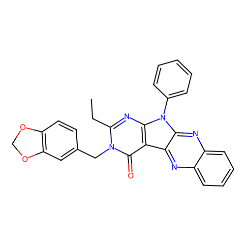 3-(1,3-benzodioxol-5-ylmethyl)-2-ethyl-11-phenyl-3,11-dihydro-4H-pyrimido[5',4':4,5]pyrrolo[2,3-b]quinoxalin-4-one structure
