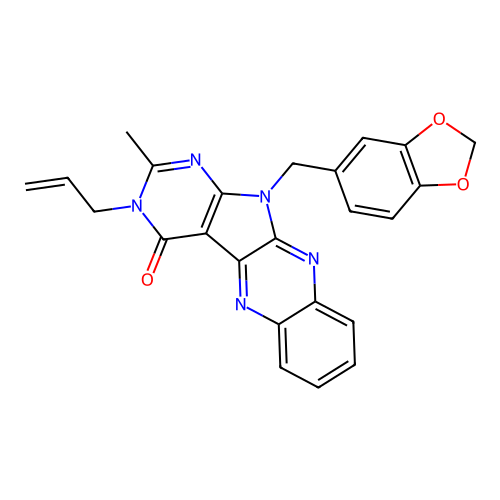 3-allyl-11-(benzo[d][1,3]dioxol-5-ylmethyl)-2-methyl-3H-pyrimido[5',4':4,5]pyrrolo[2,3-b]quinoxalin-4(11H)-one structure