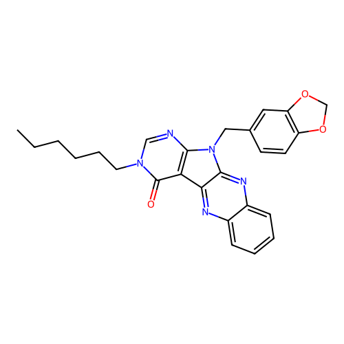11-(1,3-benzodioxol-5-ylmethyl)-3-hexyl-3,11-dihydro-4H-pyrimido[5',4':4,5]pyrrolo[2,3-b]quinoxalin-4-one structure