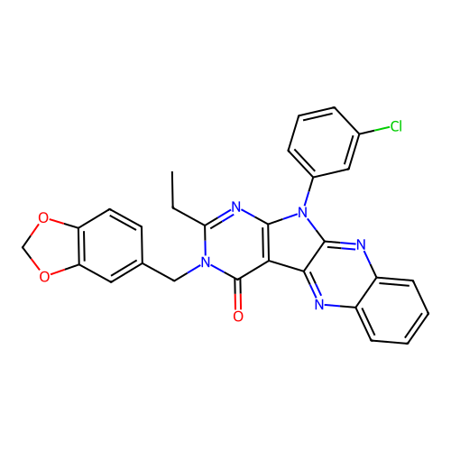 3-(1,3-benzodioxol-5-ylmethyl)-11-(3-chlorophenyl)-2-ethyl-3,11-dihydro-4H-pyrimido[5',4':4,5]pyrrolo[2,3-b]quinoxalin-4-one structure