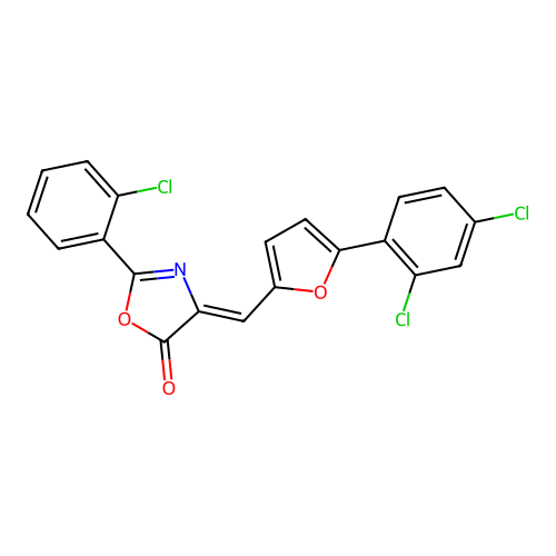 (Z)-2-(2-chlorophenyl)-4-((5-(2,4-dichlorophenyl)furan-2-yl)methylene)oxazol-5(4H)-one structure