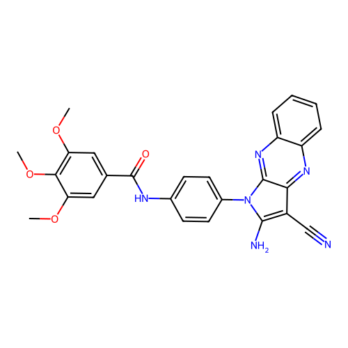 N-(4-(2-amino-3-cyano-1H-pyrrolo[2,3-b]quinoxalin-1-yl)phenyl)-3,4,5-trimethoxybenzamide structure