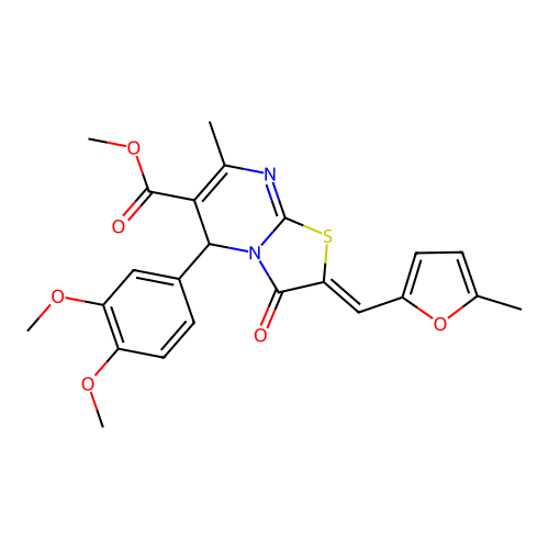 methyl (2Z)-5-(3,4-dimethoxyphenyl)-7-methyl-2-[(5-methylfuran-2-yl)methylidene]-3-oxo-5H-[1,3]thiazolo[3,2-a]pyrimidine-6-carboxylate structure