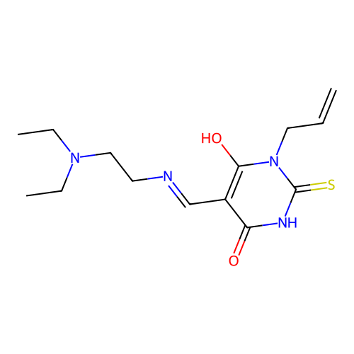 (5Z)-5-({[2-(diethylamino)ethyl]amino}methylidene)-1-(prop-2-en-1-yl)-2-thioxodihydropyrimidine-4,6(1H,5H)-dione structure