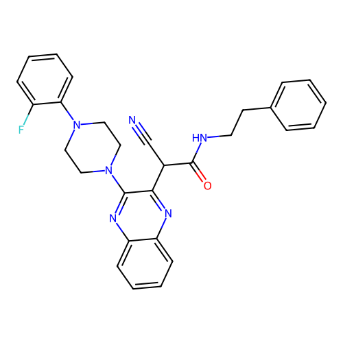 2-cyano-2-(3-(4-(2-fluorophenyl)piperazin-1-yl)quinoxalin-2-yl)-N-phenethylacetamide structure