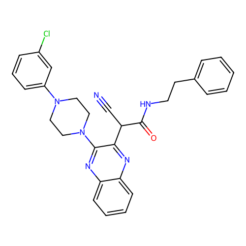 2-(3-(4-(3-chlorophenyl)piperazin-1-yl)quinoxalin-2-yl)-2-cyano-N-phenethylacetamide structure