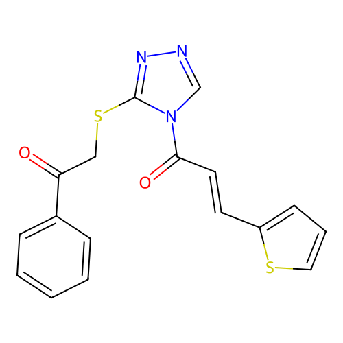 (E)-1-(3-phenacylsulfanyl-1,2,4-triazol-4-yl)-3-thiophen-2-ylprop-2-en-1-one structure