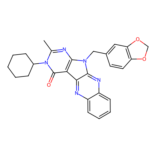 11-(1,3-benzodioxol-5-ylmethyl)-3-cyclohexyl-2-methyl-3,11-dihydro-4H-pyrimido[5',4':4,5]pyrrolo[2,3-b]quinoxalin-4-one structure