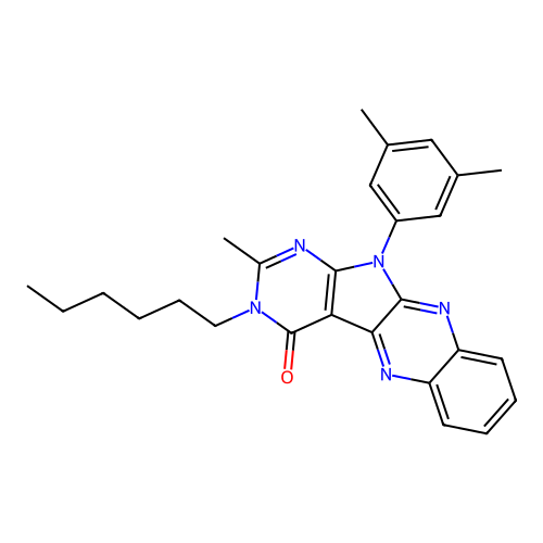 11-(3,5-dimethylphenyl)-3-hexyl-2-methyl-3H-pyrimido[5',4':4,5]pyrrolo[2,3-b]quinoxalin-4(11H)-one structure