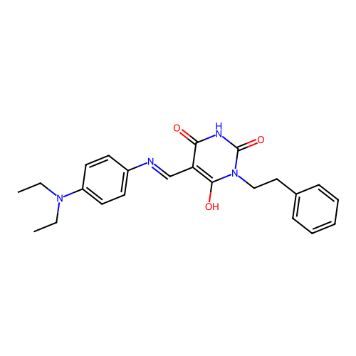 (5E)-5-[[4-(diethylamino)anilino]methylidene]-1-phenethyl-1,3-diazinane-2,4,6-trione structure