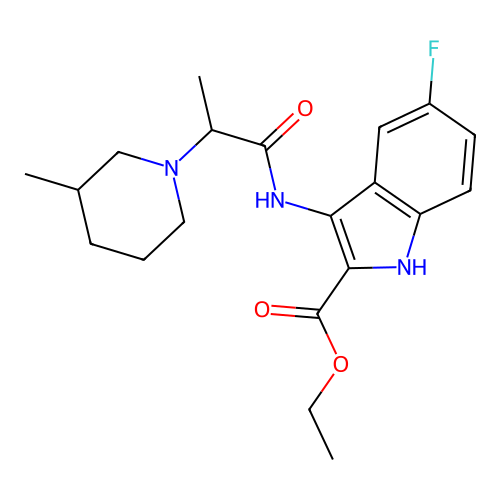 ethyl 5-fluoro-3-(2-(3-methylpiperidin-1-yl)propanamido)-1H-indole-2-carboxylate structure