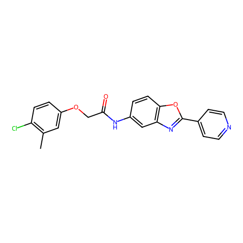 2-(4-chloro-3-methylphenoxy)-N-(2-pyridin-4-yl-1,3-benzoxazol-5-yl)acetamide structure