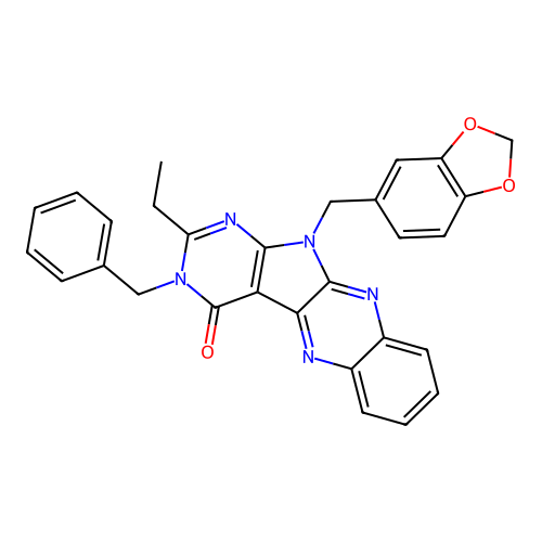 11-(1,3-benzodioxol-5-ylmethyl)-3-benzyl-2-ethyl-3,11-dihydro-4H-pyrimido[5',4':4,5]pyrrolo[2,3-b]quinoxalin-4-one structure