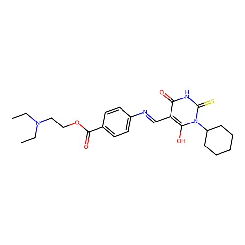 (E)-2-(diethylamino)ethyl 4-(((1-cyclohexyl-4,6-dioxo-2-thioxotetrahydropyrimidin-5(2H)-ylidene)methyl)amino)benzoate structure