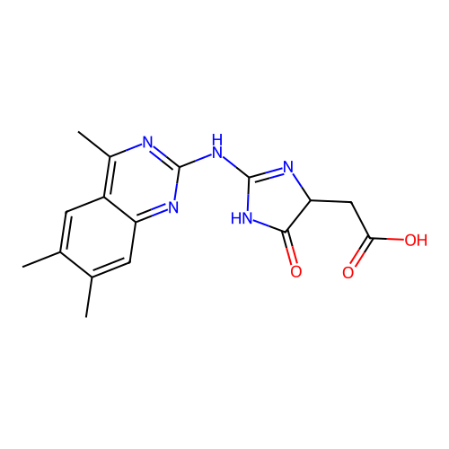 {5-oxo-2-[(4,6,7-trimethylquinazolin-2-yl)amino]-4,5-dihydro-1H-imidazol-4-yl}acetic acid structure