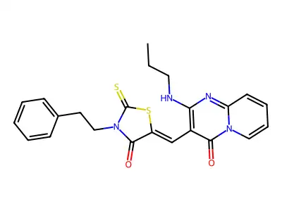 3-{(Z)-[4-oxo-3-(2-phenylethyl)-2-thioxo-1,3-thiazolidin-5-ylidene]methyl}-2-(propylamino)-4H-pyrido[1,2-a]pyrimidin-4-one structure