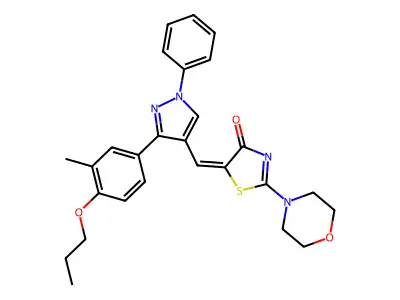 (5E)-5-[[3-(3-methyl-4-propoxyphenyl)-1-phenylpyrazol-4-yl]methylidene]-2-morpholin-4-yl-1,3-thiazol-4-one structure