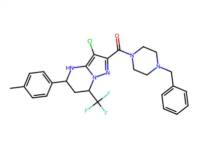 (4-benzylpiperazin-1-yl)(3-chloro-5-(p-tolyl)-7-(trifluoromethyl)-4,5,6,7-tetrahydropyrazolo[1,5-a]pyrimidin-2-yl)methanone structure