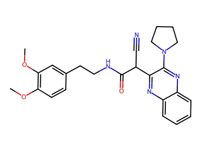 2-cyano-N-(3,4-dimethoxyphenethyl)-2-(3-(pyrrolidin-1-yl)quinoxalin-2-yl)acetamide structure