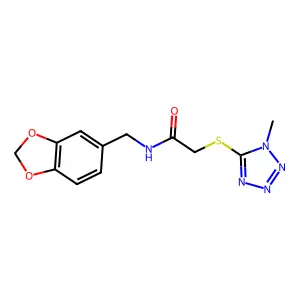 N-(1,3-benzodioxol-5-ylmethyl)-2-(1-methyltetrazol-5-yl)sulfanylacetamide structure