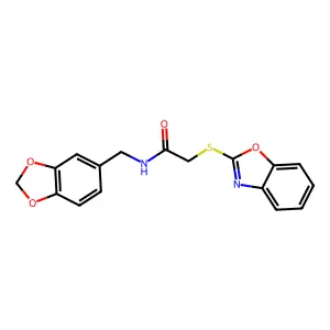 N-(1,3-benzodioxol-5-ylmethyl)-2-(1,3-benzoxazol-2-ylsulfanyl)acetamide structure