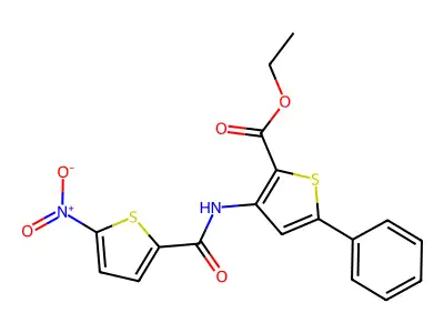Ethyl 3-(5-nitrothiophene-2-carboxamido)-5-phenylthiophene-2-carboxylate structure