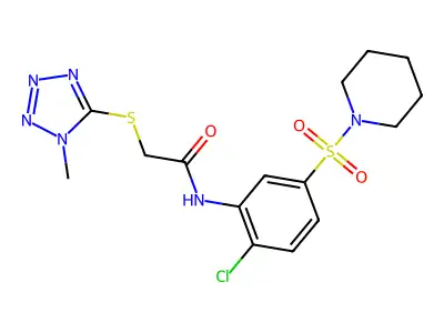 N-(2-chloro-5-piperidin-1-ylsulfonylphenyl)-2-(1-methyltetrazol-5-yl)sulfanylacetamide structure