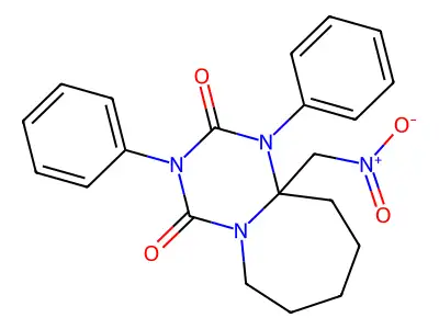 10a-(Nitromethyl)-1,3-diphenyl-decahydro-[1,3,5]triazino[1,2-a]azepine-2,4-dione structure