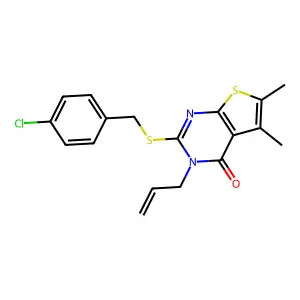 2-[(4-chlorophenyl)methylsulfanyl]-5,6-dimethyl-3-prop-2-enylthieno[2,3-d]pyrimidin-4-one structure