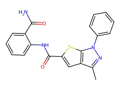 N-(2-carbamoylphenyl)-3-methyl-1-phenyl-1H-thieno[2,3-c]pyrazole-5-carboxamide structure