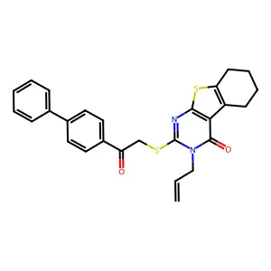 2-{[2-(biphenyl-4-yl)-2-oxoethyl]sulfanyl}-3-(prop-2-en-1-yl)-5,6,7,8-tetrahydro[1]benzothieno[2,3-d]pyrimidin-4(3H)-one structure