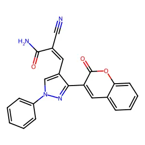 (E)-2-cyano-3-[3-(2-oxochromen-3-yl)-1-phenylpyrazol-4-yl]prop-2-enamide structure