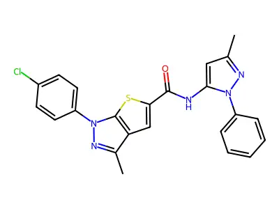 1-(4-chlorophenyl)-3-methyl-N-(3-methyl-1-phenyl-1H-pyrazol-5-yl)-1H-thieno[2,3-c]pyrazole-5-carboxamide structure
